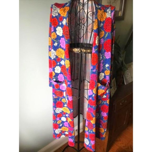NWOT Women’s LG LuLaRoe Simple Comfort Cardigan Duster Blue Red/Org/Purp. Roses - Picture 1 of 4